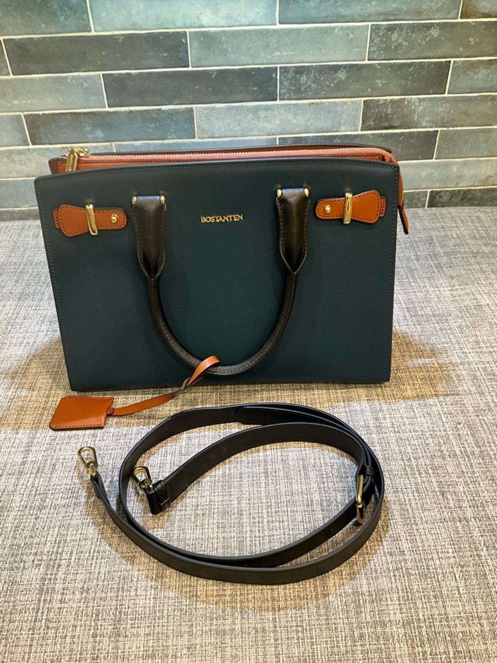 BOSTANTEN Navy and Brown Leather Satchel - Picture 13 of 14
